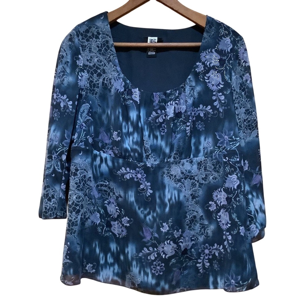 Vintage Y2K Studio 1940 Womens Blue Multi Babydoll Blouse Size 14 Fairy Ethereal